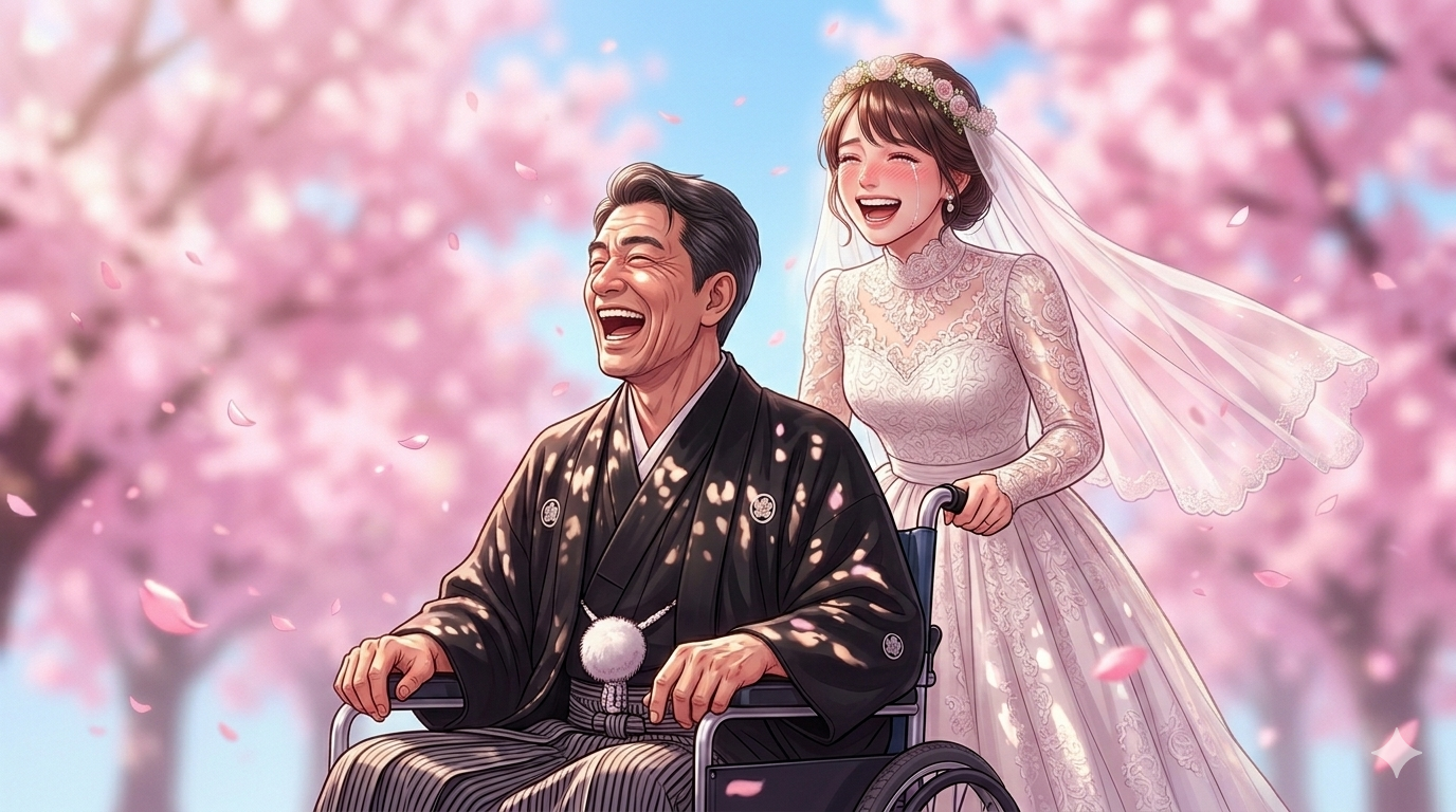 ドラマ　春になったら　をケアマネが考察したイメージ図。父娘の幸せな結婚式。