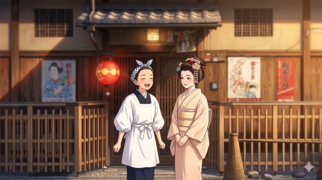ドラマ　舞妓さんちのまかないさん をケアマネが考察したイメージ図。祇園の街の中のキヨとすみれ。