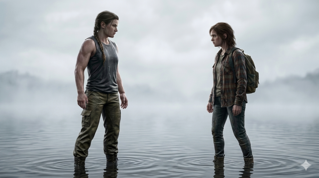ゲーム・The Last of Us・ Part II　のイメージ図。最終局面、相対する、決して分かり合えないアビーとエリー。