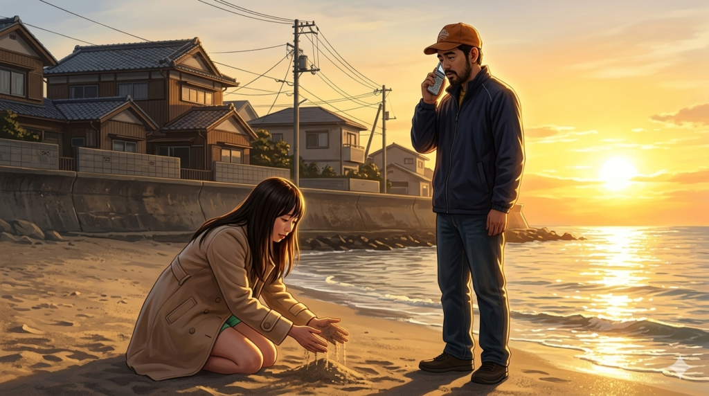 映画・岬の兄妹 のイメージ図。砂浜で生きる良夫と真理子。