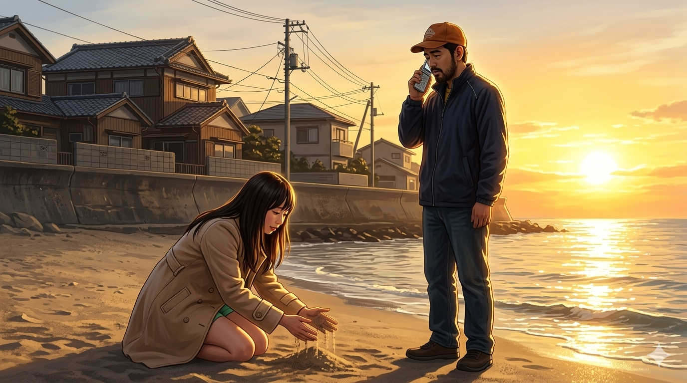 映画・岬の兄妹 のイメージ図。砂浜で生きる良夫と真理子。