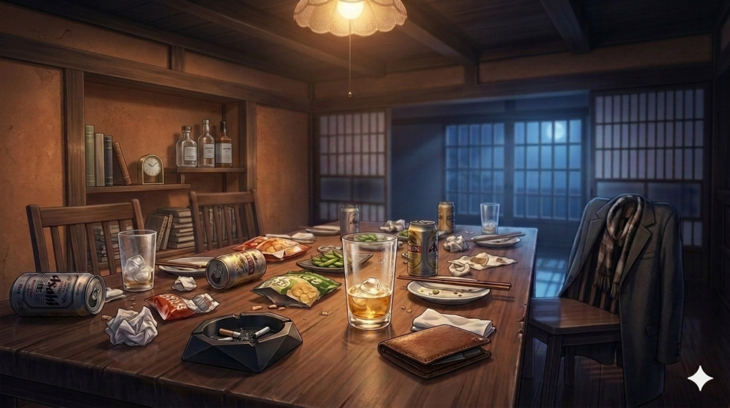 映画　きょうのできごと　のイメージ図。にぎやかな飲み会の後の静寂。