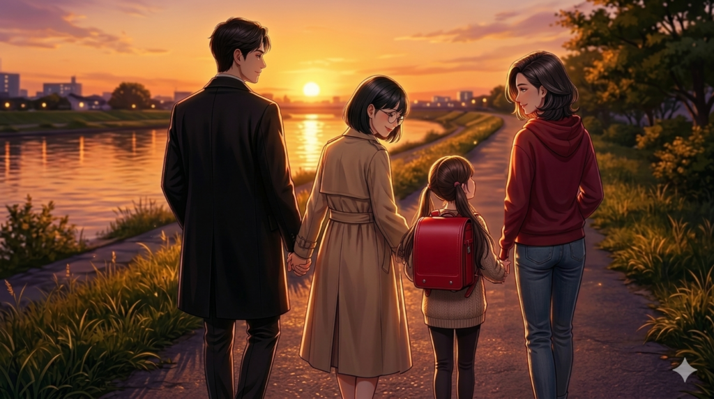 ドラマ・妻、小学生になる。のイメージ図。一日の終わりを四人で過ごす。