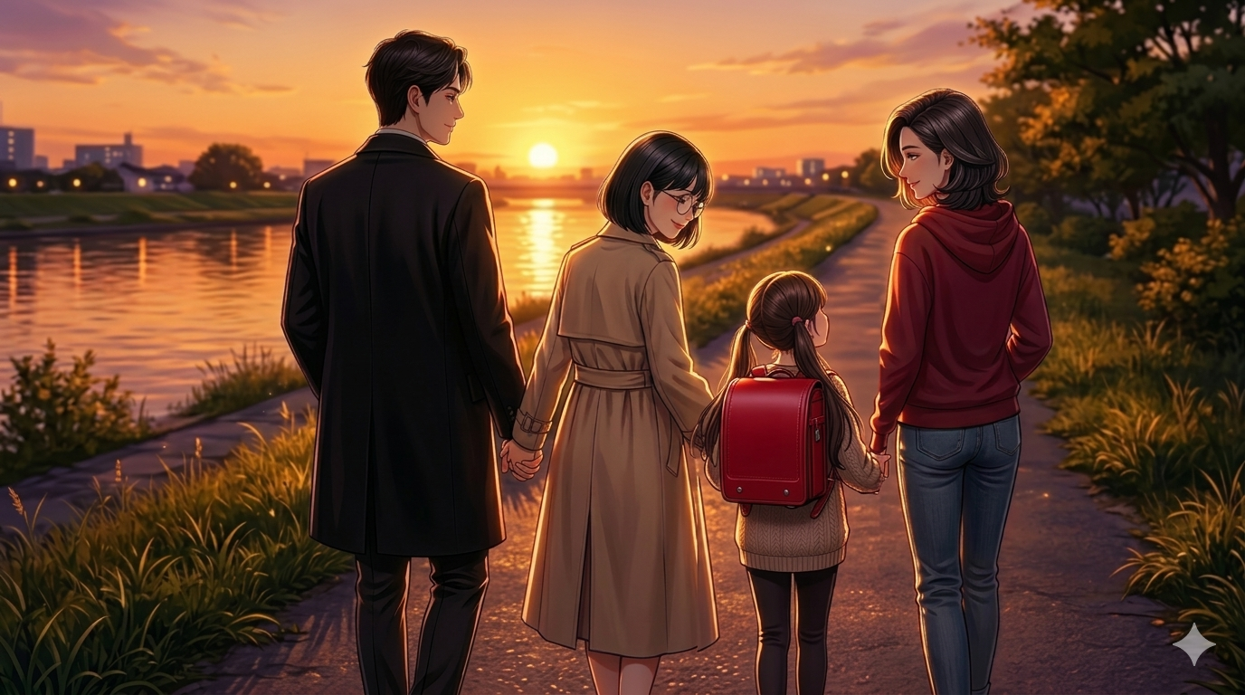 ドラマ・妻、小学生になる。のイメージ図。一日の終わりを四人で過ごす。