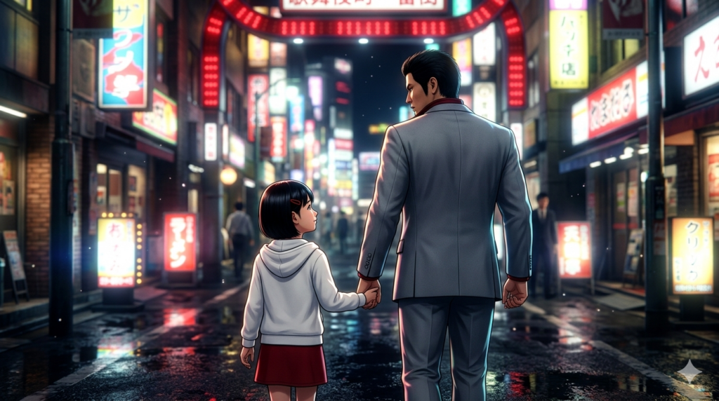 ゲーム・龍が如く　のイメージ図。神室町を歩く桐生と遥。