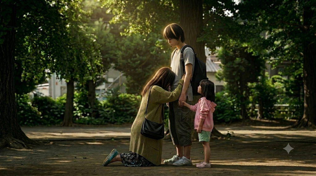 映画・MOTHER マザー のイメージ図。周平に縋りつく秋子。